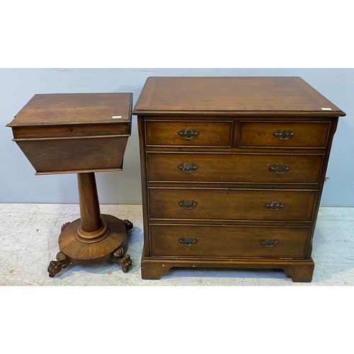 621 - A Victorian faded rosewood work table, raised on tapered column, circular base with four lions paw f... 