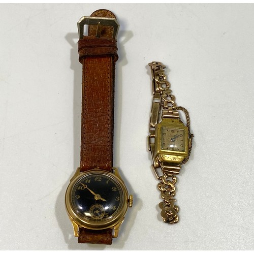 181 - A 9ct gold cased mid-size wristwatch, with black enamel dial, Arabic numerals denoting hours and sub... 