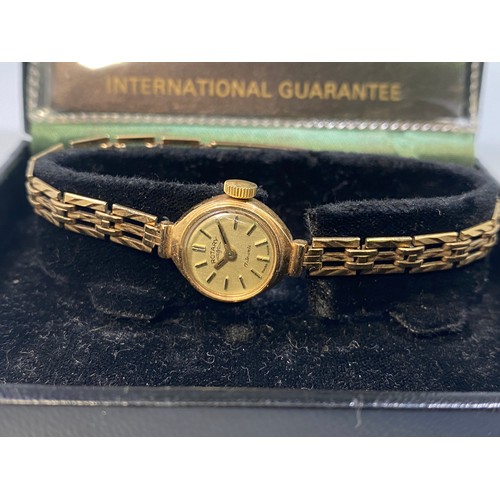 176 - WITHDRAWN: A ladies 9ct gold Rotary wristwatch, the gilt dial with gold batons denoting hours, on 9c... 