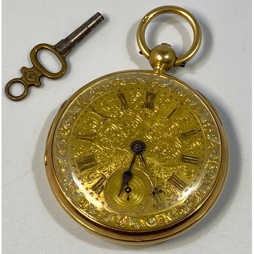 183 - An 18ct gold open-face pocket watch, the decorative, gilt, scrolled dial with Roman numerals denotin... 