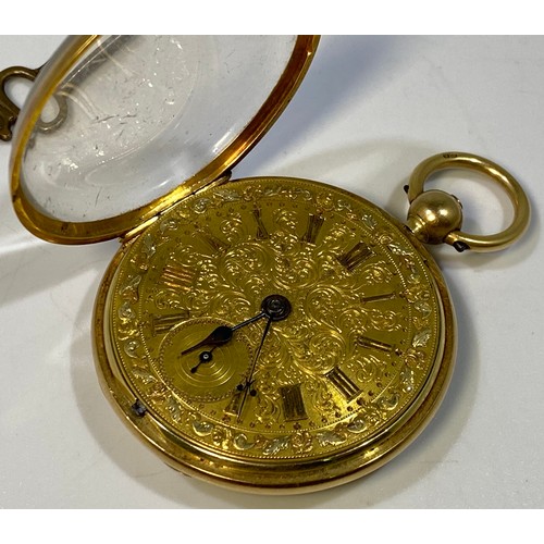183 - An 18ct gold open-face pocket watch, the decorative, gilt, scrolled dial with Roman numerals denotin... 