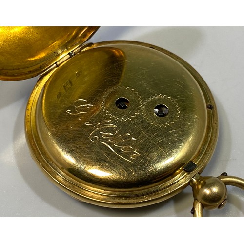 183 - An 18ct gold open-face pocket watch, the decorative, gilt, scrolled dial with Roman numerals denotin... 