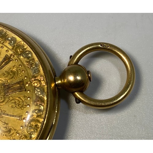 183 - An 18ct gold open-face pocket watch, the decorative, gilt, scrolled dial with Roman numerals denotin... 
