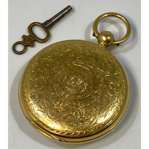 183 - An 18ct gold open-face pocket watch, the decorative, gilt, scrolled dial with Roman numerals denotin... 