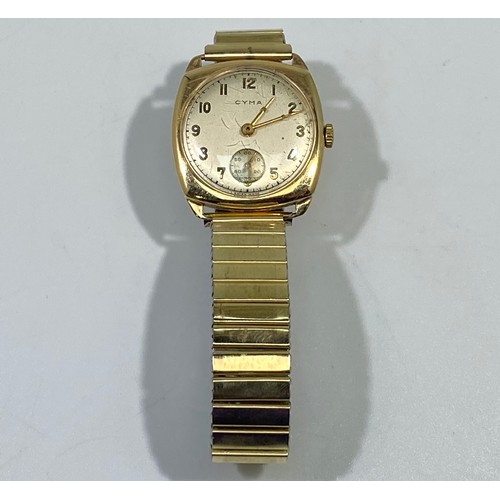 180 - A 9ct gold cased Cyma wristwatch, the circular silvered dial with Arabic numerals denoting hours and... 