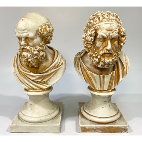 10 - Two porcelain busts of Socrates and Homer, with weathered-gilt finish, crossed swords mark to base, ... 