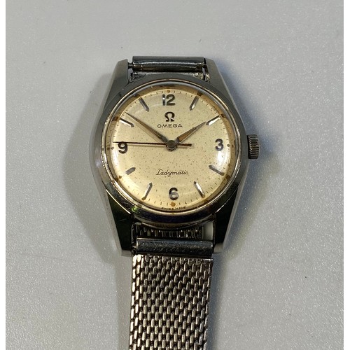 186 - A ladies stainless steel Omega Ladymatic wristwatch, the silvered dial with batons denoting hours an... 