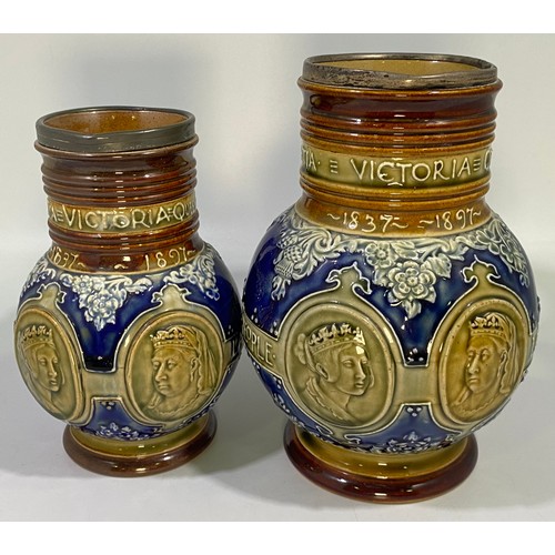 47 - Two Doulton Lambeth stoneware bulbous jugs, both commemorating 60 years of Queen Victoria on the thr... 