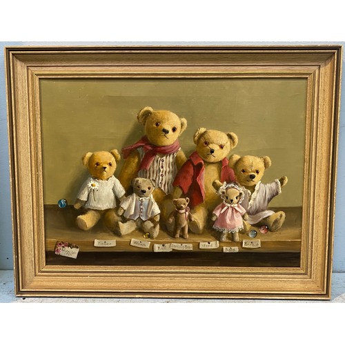 574 - Deborah Jones (1921-2012) painting of seven various bears in different outfits on a shelf with name ... 