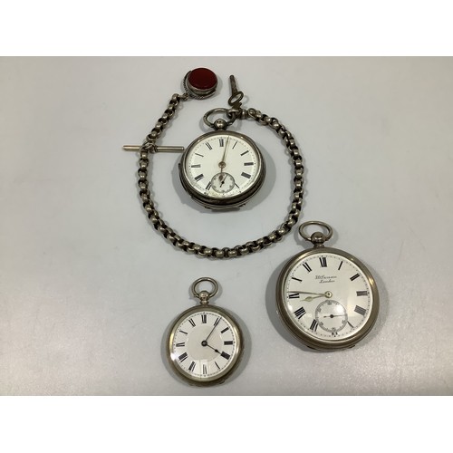 187 - Three various silver cased open-face pocket watches, including a J W Benson example with Roman numer... 