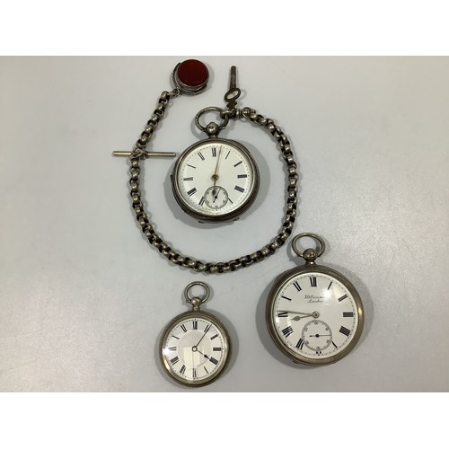 187 - Three various silver cased open-face pocket watches, including a J W Benson example with Roman numer... 