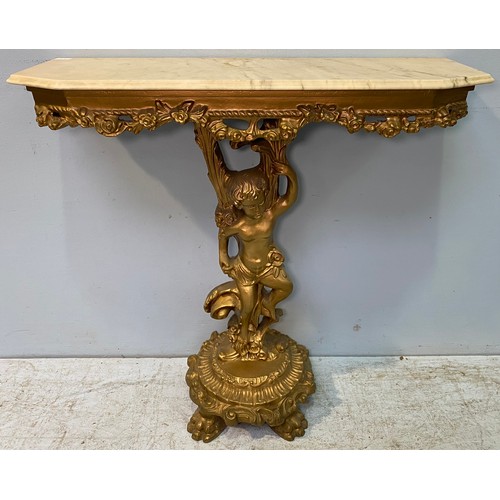 614 - A hall / console table with gilt painted pedestal base with putti holding arms aloft, cream marble t... 