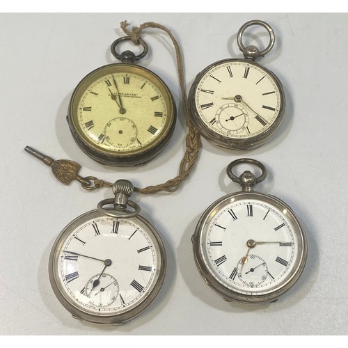 190 - Four various silver-cased open face pocket watches, all with white enamel dials, Roman numerals deno... 