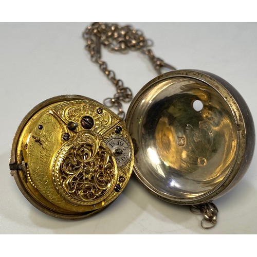 191 - A George IV silver pair case pocket watch (lacking outer case) the white enamel dial with Arabic num... 