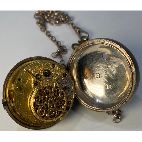 191 - A George IV silver pair case pocket watch (lacking outer case) the white enamel dial with Arabic num... 