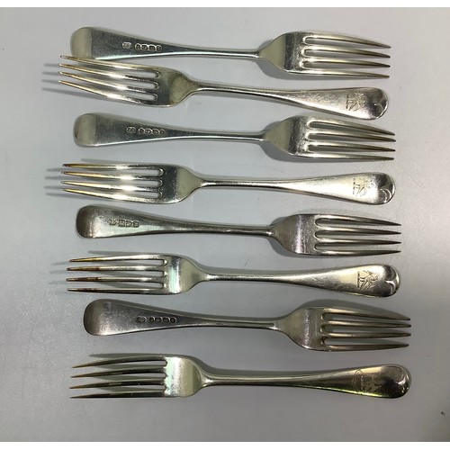 149 - A set of six Victorian silver old English pattern forks by Elkington & Co. All etched with phoenix c... 