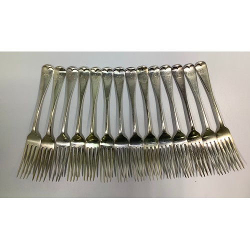 147 - A set of fourteen Victorian silver old English pattern forks by Elkington & Co. All etched with phoe... 