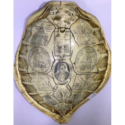 514 - Four various 'faux' scrimshaw items including a turtle shell inscribed with Captain James Cook’s voy... 