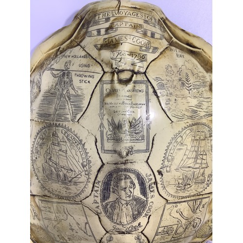 514 - Four various 'faux' scrimshaw items including a turtle shell inscribed with Captain James Cook’s voy... 