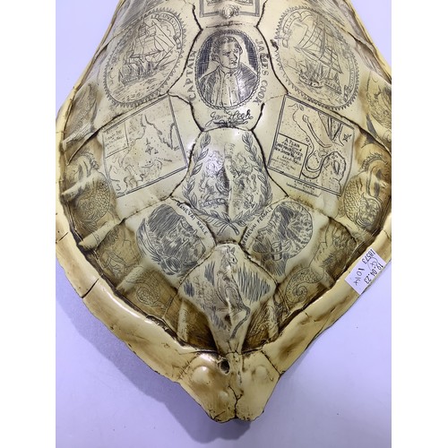 514 - Four various 'faux' scrimshaw items including a turtle shell inscribed with Captain James Cook’s voy... 