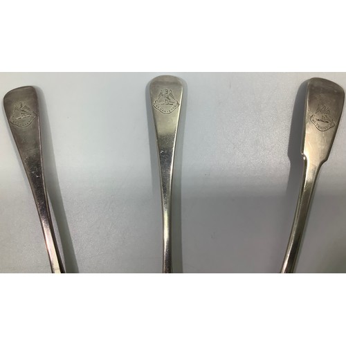 153 - Three Georgian silver old English and fiddle pattern serving spoons, including one by William Woodma... 