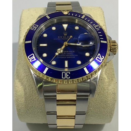 167 - A gents Rolex stainless steel and 18ct yellow gold ‘Rolesor’ Submariner wristwatch, model 16613, C.1... 