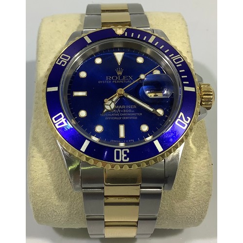 167 - A gents Rolex stainless steel and 18ct yellow gold ‘Rolesor’ Submariner wristwatch, model 16613, C.1... 