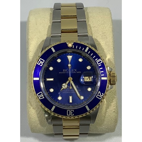 167 - A gents Rolex stainless steel and 18ct yellow gold ‘Rolesor’ Submariner wristwatch, model 16613, C.1... 