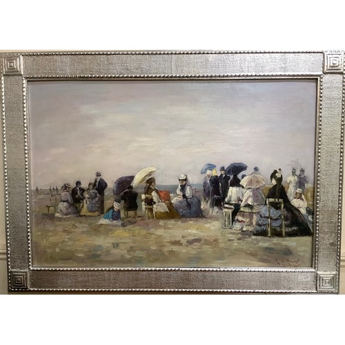 561 - R. Le Rossett (20th century), 19th century French beach scene with figures picnicking under parasols... 