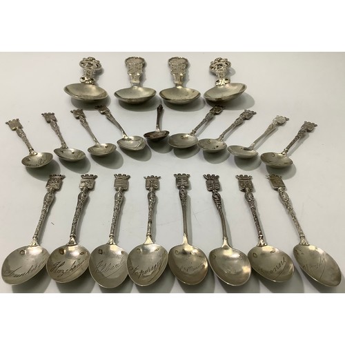 144 - A collection of assorted French .800 grade or above silver topographical teaspoons, together with fo... 