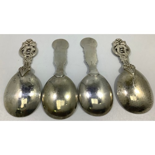 144 - A collection of assorted French .800 grade or above silver topographical teaspoons, together with fo... 