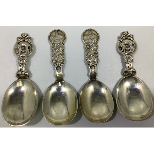 144 - A collection of assorted French .800 grade or above silver topographical teaspoons, together with fo... 