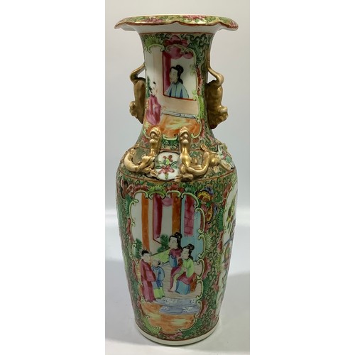 91 - A 19th century canton enamel famille rose vase with panels of scholars, birds and flowers, applied g... 