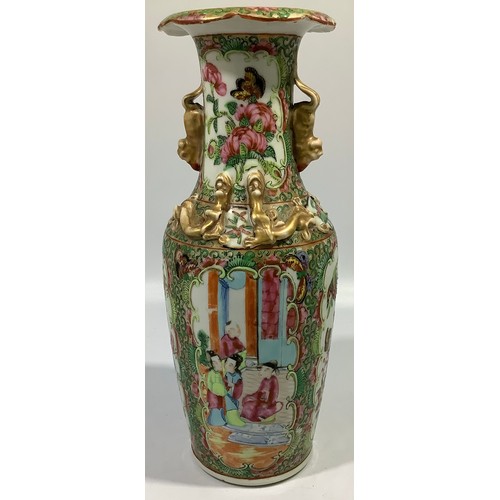 91 - A 19th century canton enamel famille rose vase with panels of scholars, birds and flowers, applied g... 