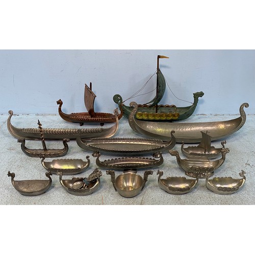 405 - Various Norwegian pewter long boats including Handstopt examples, together with four salts and spoon... 