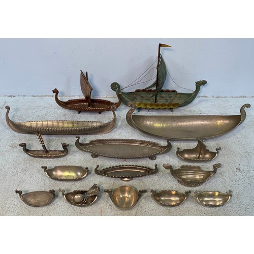 405 - Various Norwegian pewter long boats including Handstopt examples, together with four salts and spoon... 