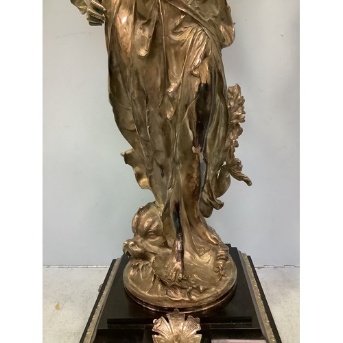 168 - An imposing pair of silvered metal six-light candelabra after Jean-Louis Gregoire, modelled as Venus... 