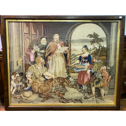 634 - A large 20th century silk and wool woven panel, depicting a scene with hunters, animals and monks, i... 