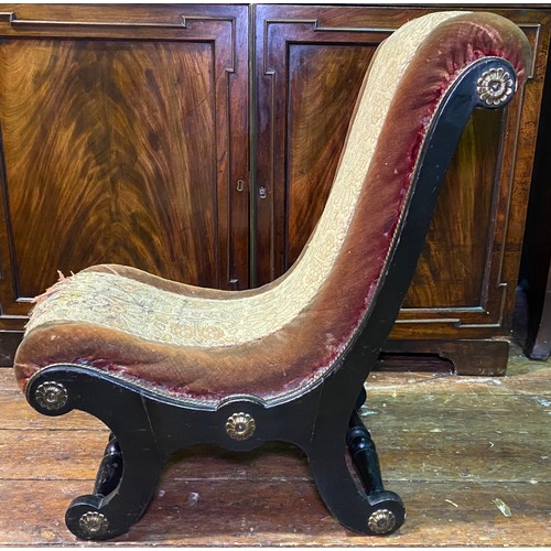 611 - A Victorian slipper chair of small proportions, with ‘X’ frame and turned front and back stretchers