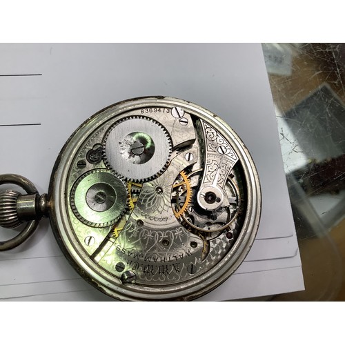 185 - A silver-cased open face pocket watch by Waltham, the white enamel dial with Roman numerals denoting... 