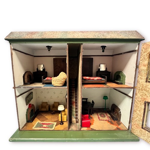 359 - A vintage painted wooden doll’s house, with large windows and wired lighting (untested), front wall ... 