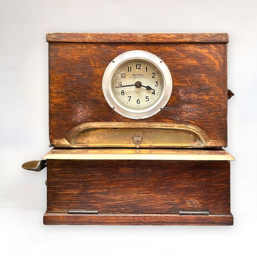 308 - A National Time Recorder Co Ltd clocking in machine, in oak case, 35 x 33cm, together with a vintage... 