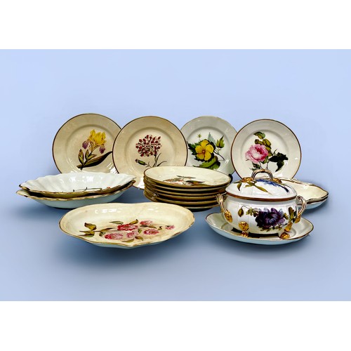 3 - A 17-piece early 19th century Derby porcelain Botanical dessert service, each piece finely painted w... 