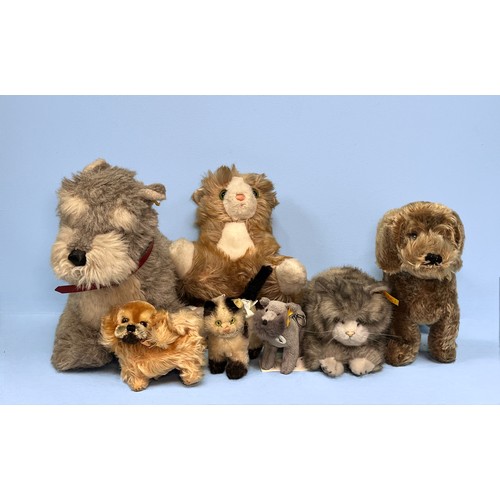 376 - Seven various Steiff teddy bears modelled as cats and dogs, to include, ‘Sitting Schnauzer’, ‘Raudi’... 