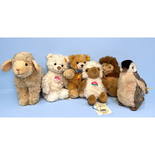 375 - Six assorted Steiff teddy bears modelled as various animals, to include, ‘Lamby Lamb’ 073205, ‘Origi... 