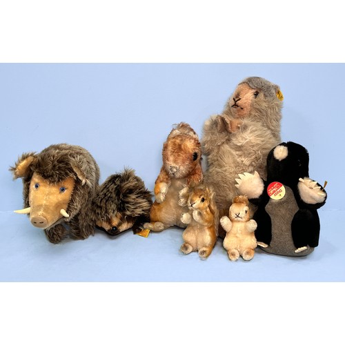 374 - Five assorted Steiff teddy bears modelled as various animals, including, ‘Perri Squirrel’, with two ... 