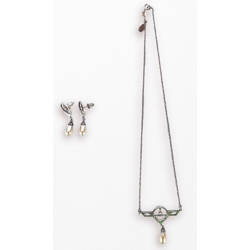 134 - A Dutch silver and pearl necklace and earring suite, each piece set with faceted clear white stones ... 