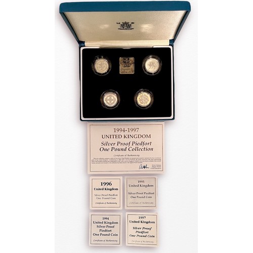 215 - A Royal Mint 1994-1997 UK Silver Proof Piedfort One Pound Collection, 1993, 94, 95, 96, in four-coin... 