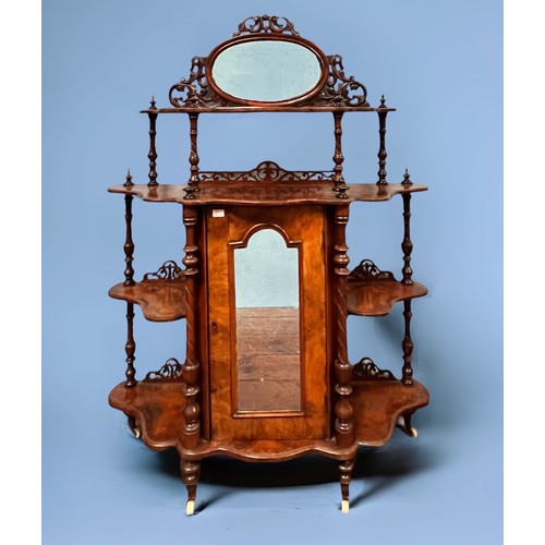 496 - A Victorian burr walnut chiffonier-watnot, with single arched mirror door flanked by shaped open she... 