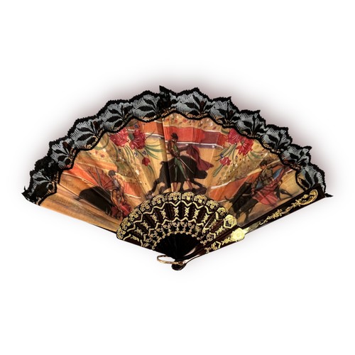 296 - A ladies hand-fan with bone sticks and floral painted lace, together with a floral painted example a... 